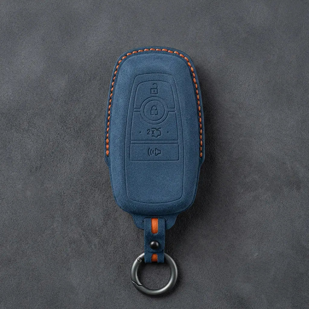 Ford Hand-Stitched Alcantara Key Fob Cover – Center-Ring Shield Cobalt Blue