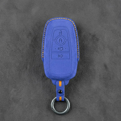 Ford Hand-Stitched Alcantara Key Fob Cover – Center-Ring Shield Cornflower Blue
