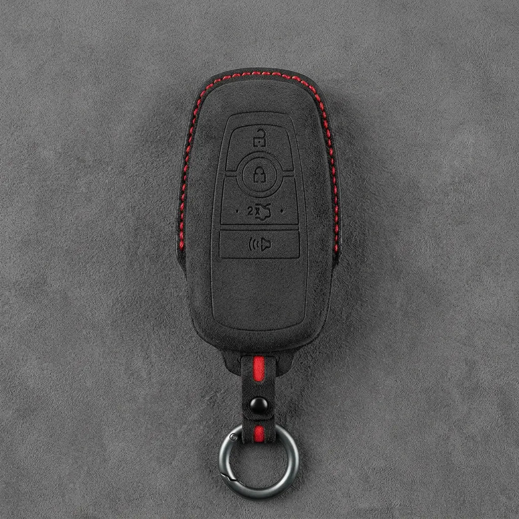 Ford Hand-Stitched Alcantara Key Fob Cover – Center-Ring Shield Dark Charcoal