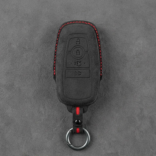 Ford Hand-Stitched Alcantara Key Fob Cover – Center-Ring Shield Dark Charcoal