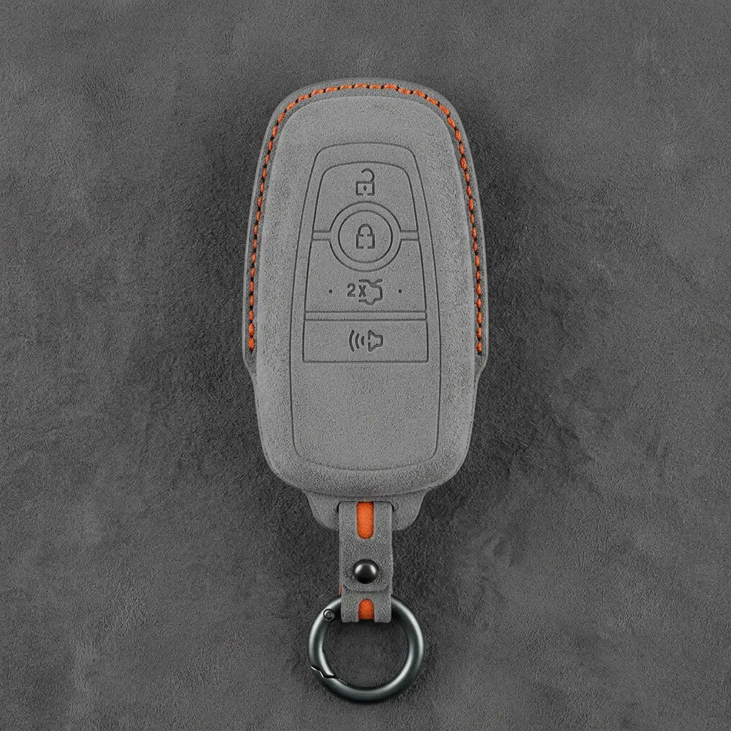Ford Hand-Stitched Alcantara Key Fob Cover – Center-Ring Shield Dark Gray