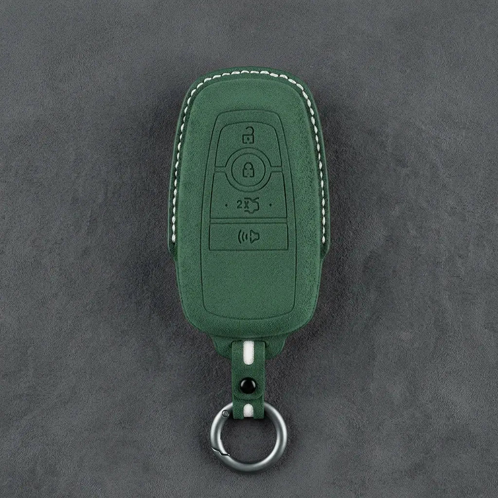 Ford Hand-Stitched Alcantara Key Fob Cover – Center-Ring Shield Dark Green