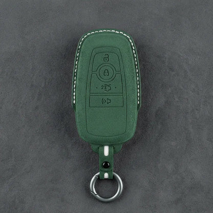 Ford Hand-Stitched Alcantara Key Fob Cover – Center-Ring Shield Dark Green