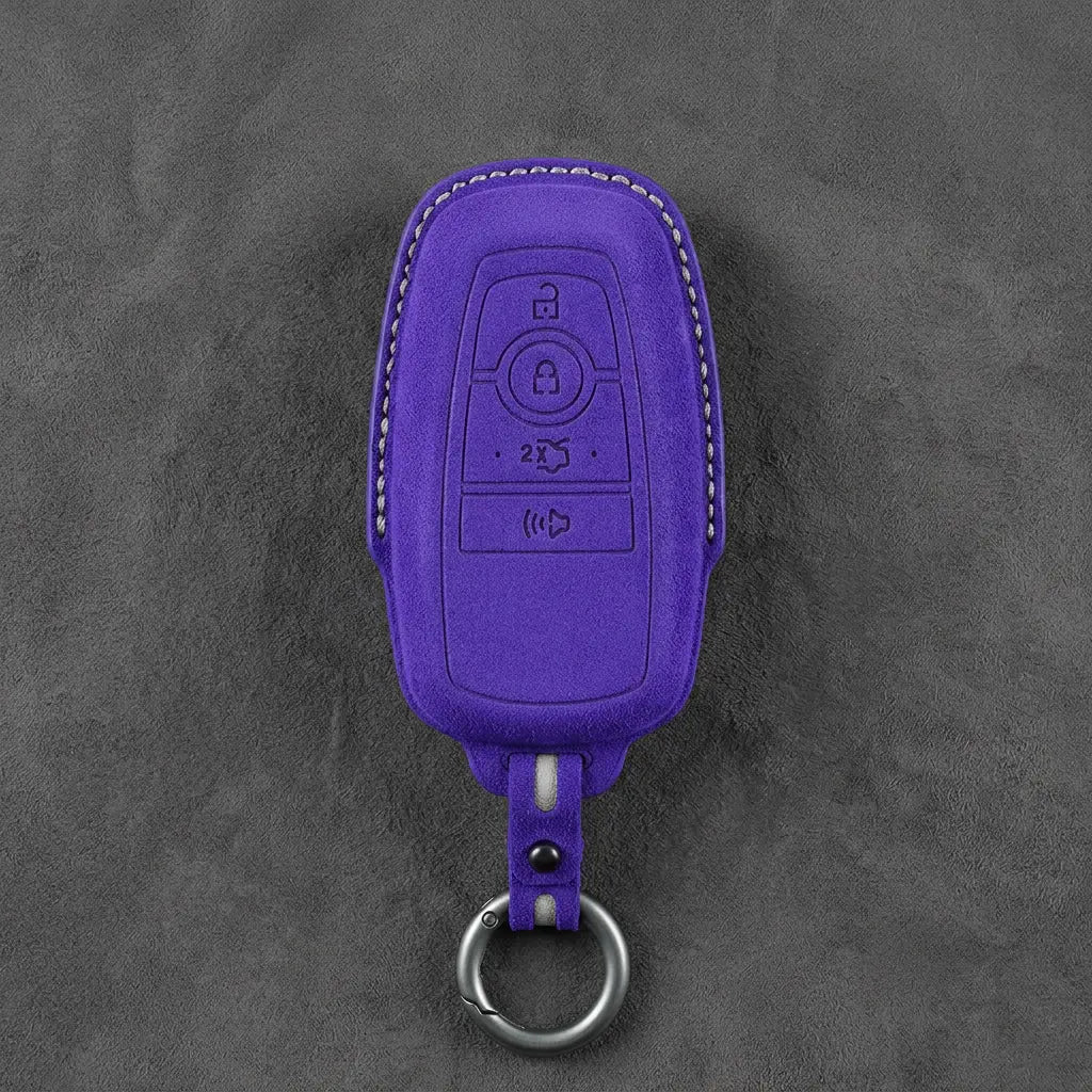 Ford Hand-Stitched Alcantara Key Fob Cover – Center-Ring Shield Dark Purple