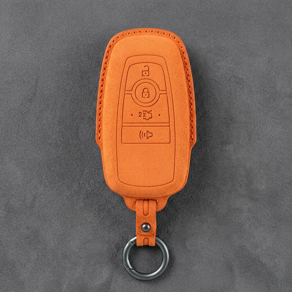 Ford Hand-Stitched Alcantara Key Fob Cover – Center-Ring Shield Orange