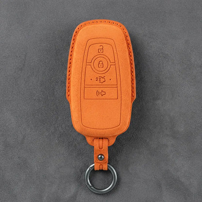 Ford Hand-Stitched Alcantara Key Fob Cover – Center-Ring Shield Orange