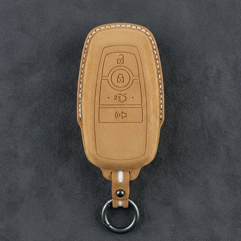 Ford Hand-Stitched Alcantara Key Fob Cover – Center-Ring Shield Soft Brown