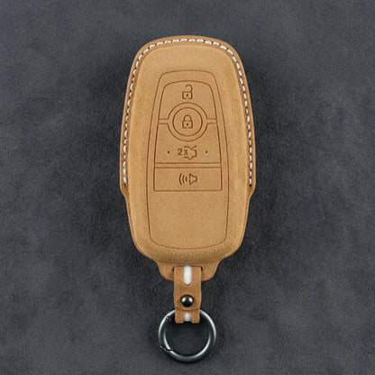 Ford Hand-Stitched Alcantara Key Fob Cover – Center-Ring Shield Soft Brown