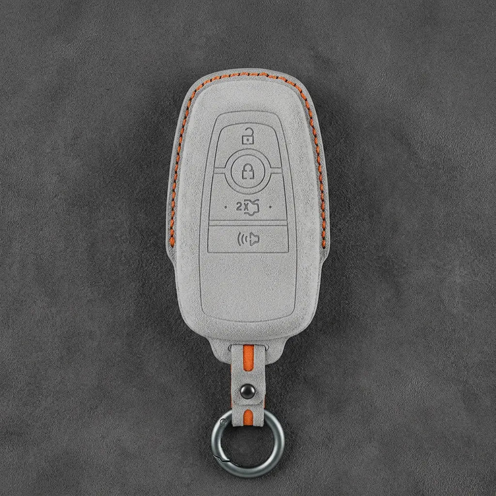 Ford Hand-Stitched Alcantara Key Fob Cover – Center-Ring Shield White