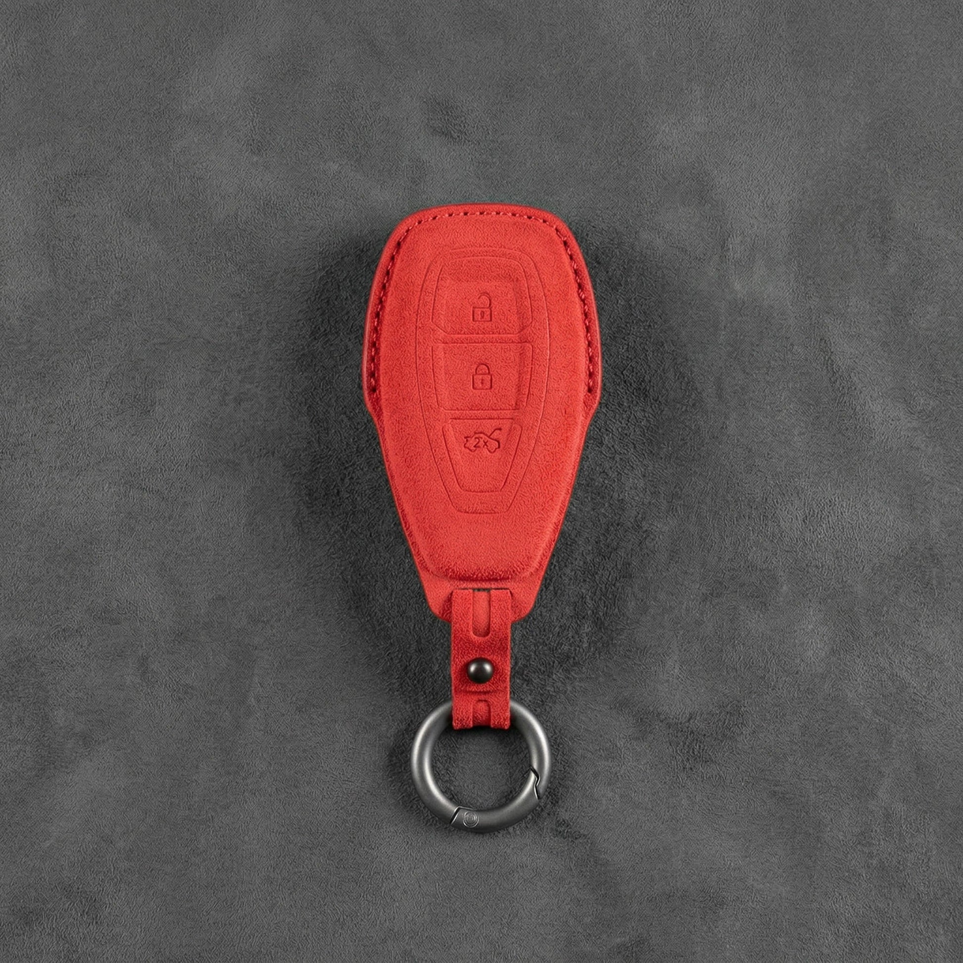 Ford Hand - Stitched Alcantara Key Fob Cover - Oval 3 - Button - Red
