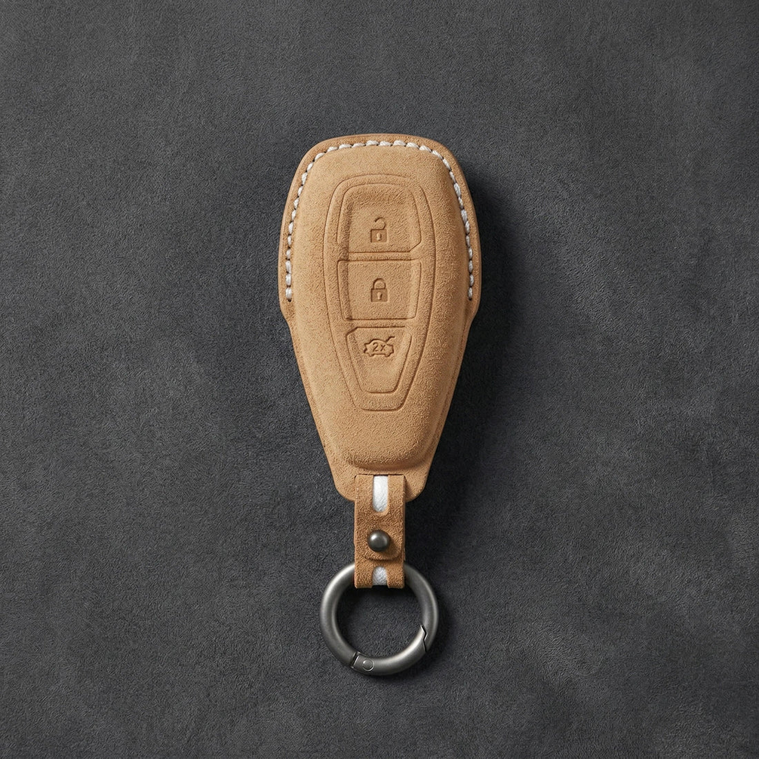 Ford Hand - Stitched Alcantara Key Fob Cover - Oval 3 - Button - Soft brown