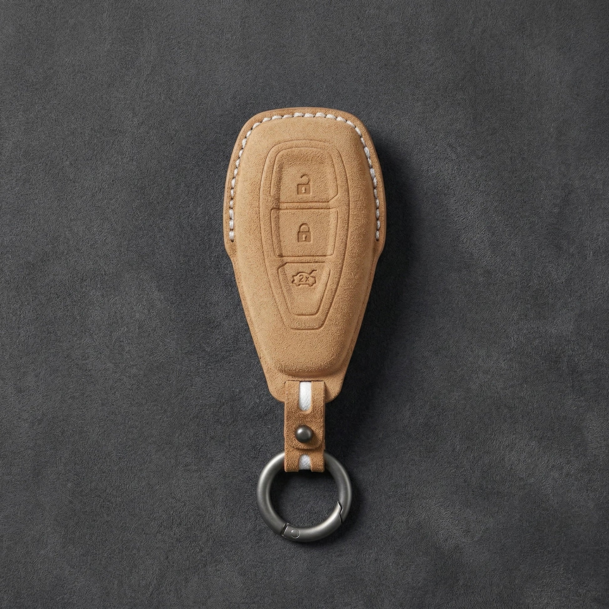 Ford Hand - Stitched Alcantara Key Fob Cover - Oval 3 - Button - Soft brown