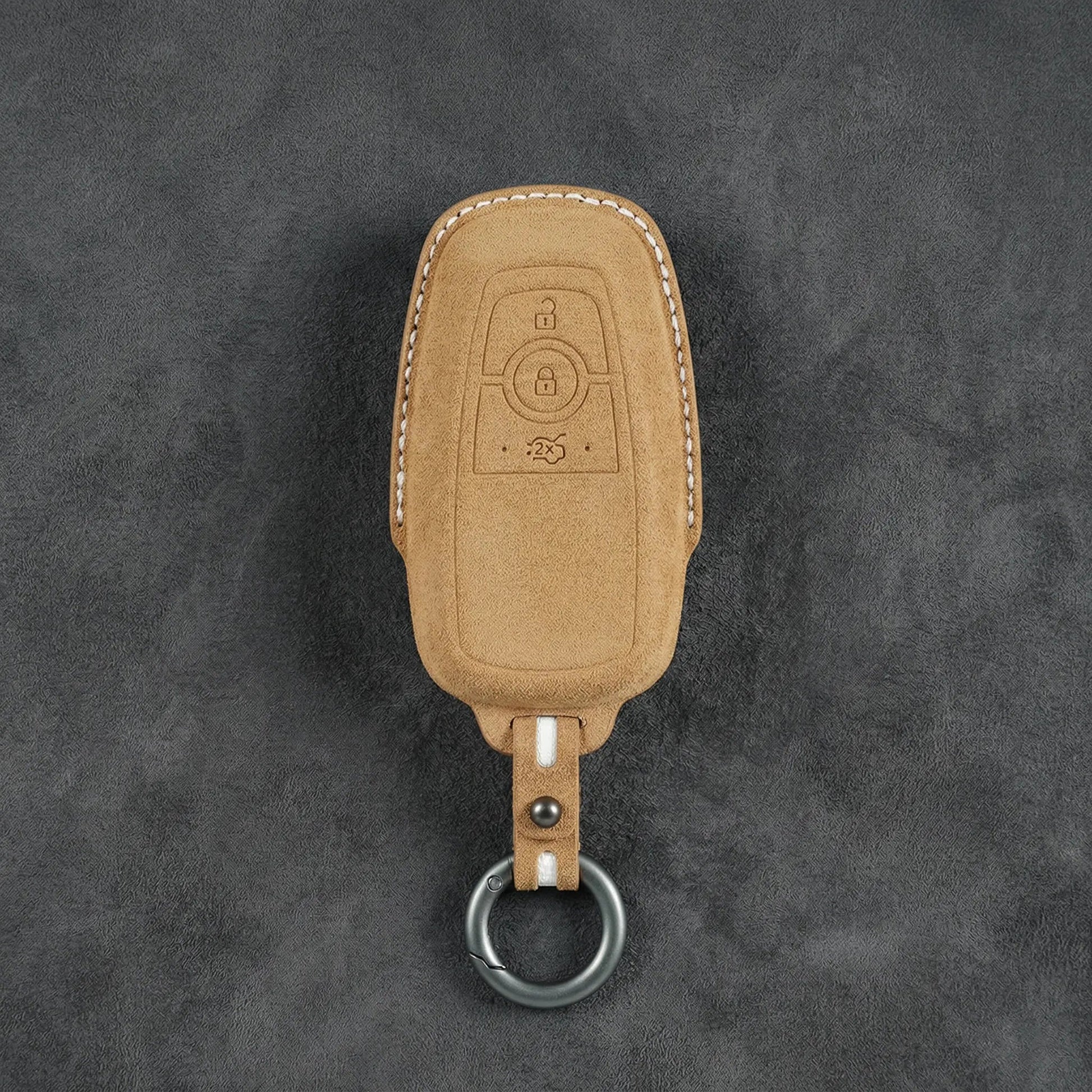 Ford Hand - Stitched Alcantara Key Fob Cover - Rectangular 3 - Button - Soft brown