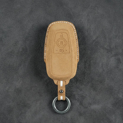 Ford Hand - Stitched Alcantara Key Fob Cover - Rectangular 3 - Button - Soft brown