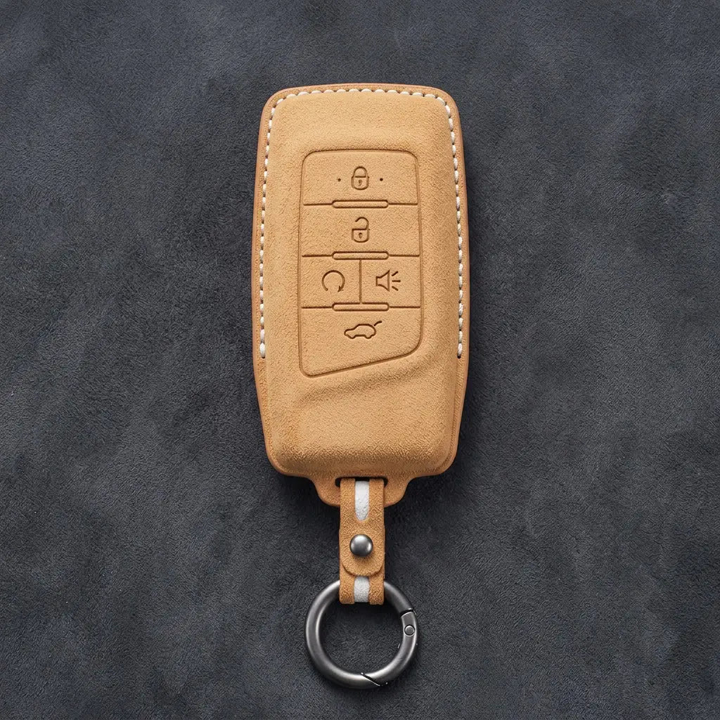 GAC Hand-Stitched Alcantara Key Fob Cover – 5-Button Smart Key - Soft Brown