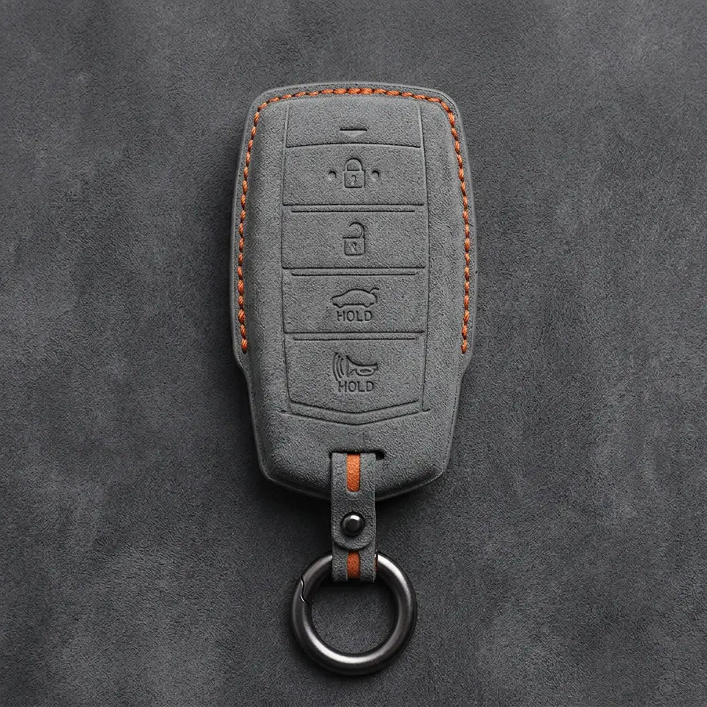 Genesis Hand-Stitched Alcantara Key Fob Cover – 4-Button Smart Key - Dark Gray