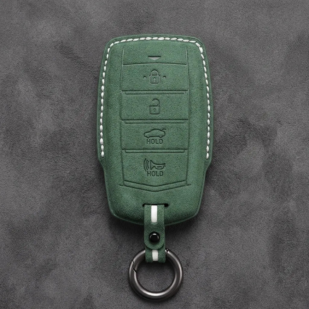 Genesis Hand-Stitched Alcantara Key Fob Cover – 4-Button Smart Key - Dark Green