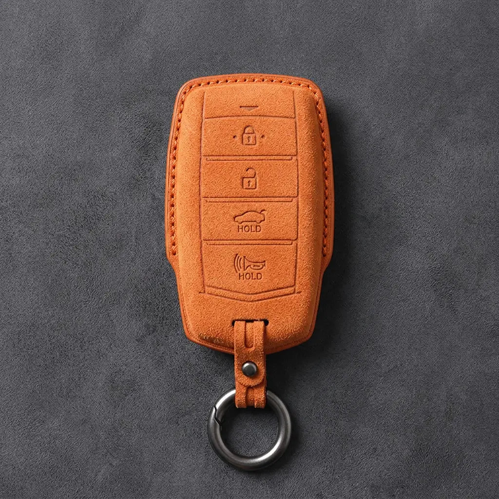 Genesis Hand-Stitched Alcantara Key Fob Cover – 4-Button Smart Key - Orange