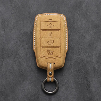 Genesis Hand-Stitched Alcantara Key Fob Cover – 4-Button Smart Key - Soft Brown