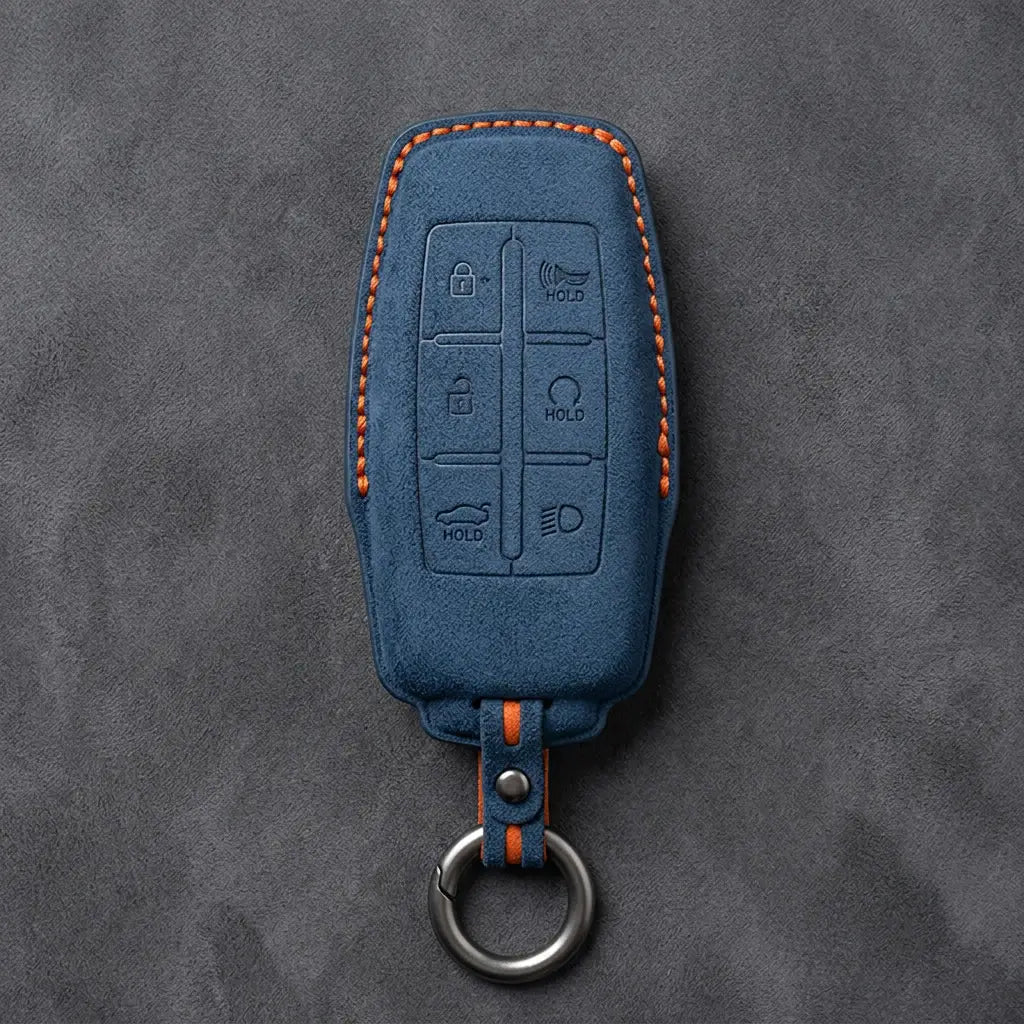 Genesis Hand-Stitched Alcantara Key Fob Cover – 6-Button Smart Key - Cobalt Blue