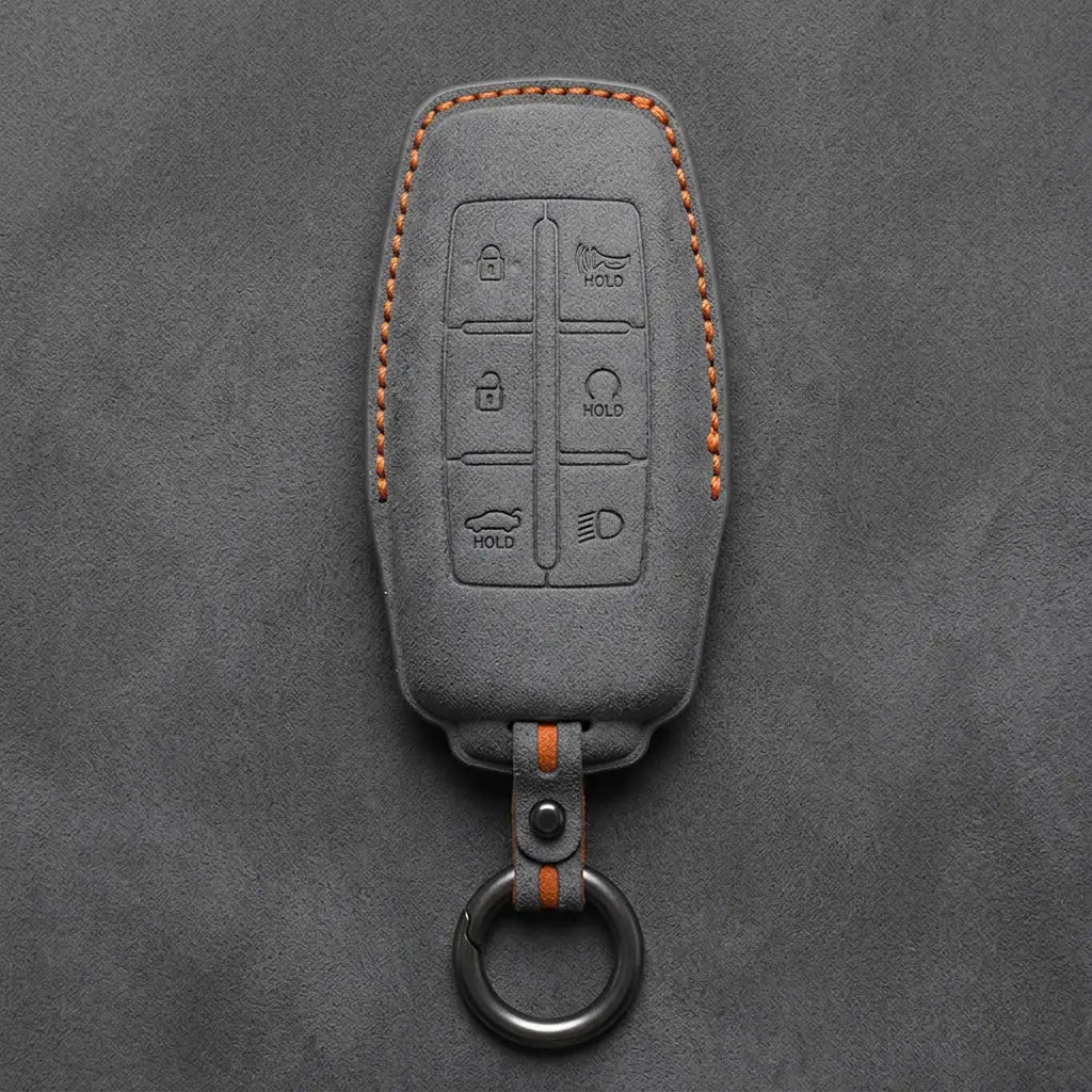 Genesis Hand-Stitched Alcantara Key Fob Cover – 6-Button Smart Key - Dark Gray