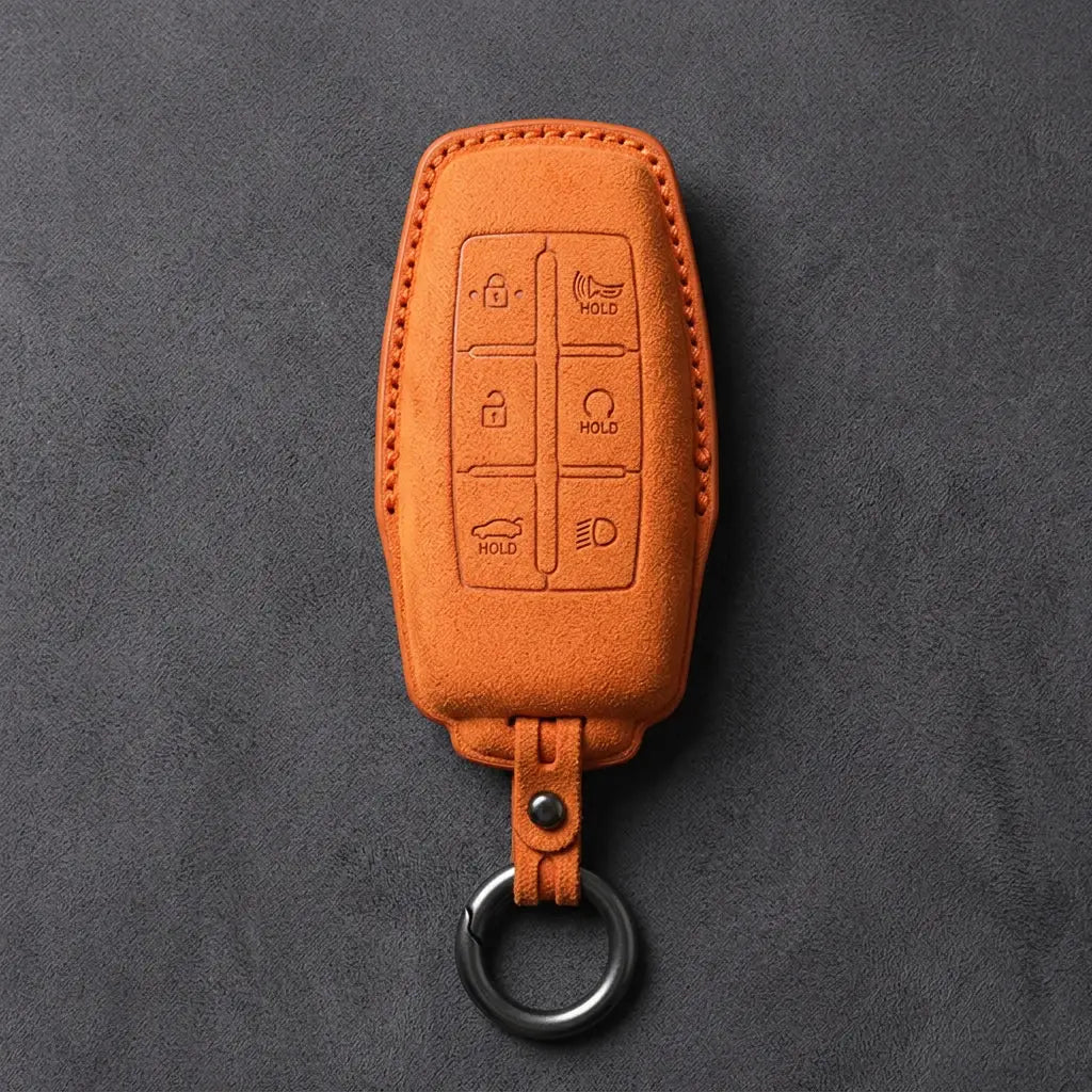 Genesis Hand-Stitched Alcantara Key Fob Cover – 6-Button Smart Key - Orange