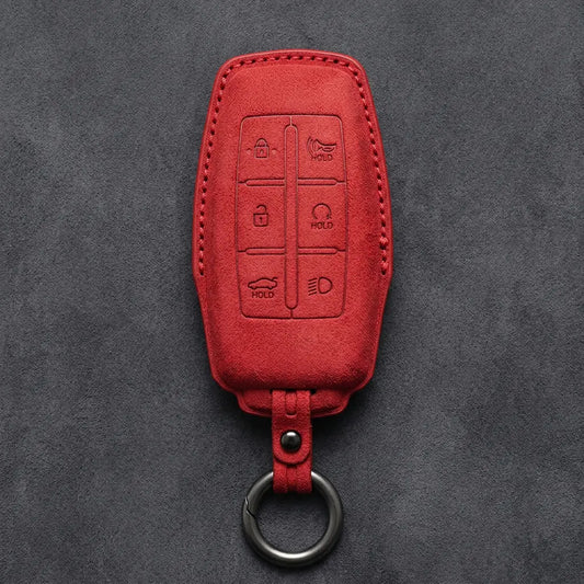Genesis Hand-Stitched Alcantara Key Fob Cover – 6-Button Smart Key - Red
