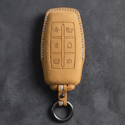 Genesis Hand-Stitched Alcantara Key Fob Cover – 6-Button Smart Key - Soft Brown