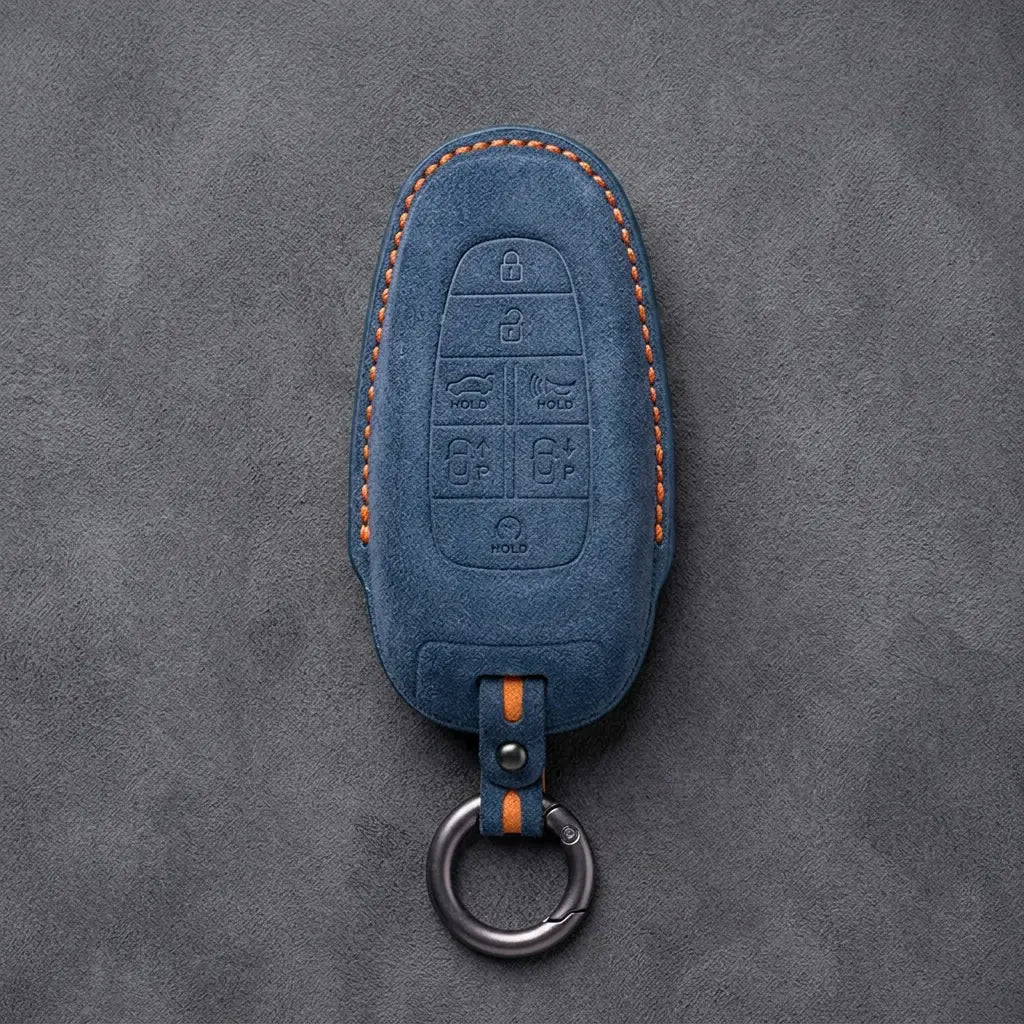Genesis Hand-Stitched Alcantara Key Fob Cover – 7-Button Smart Park - Cobalt Blue
