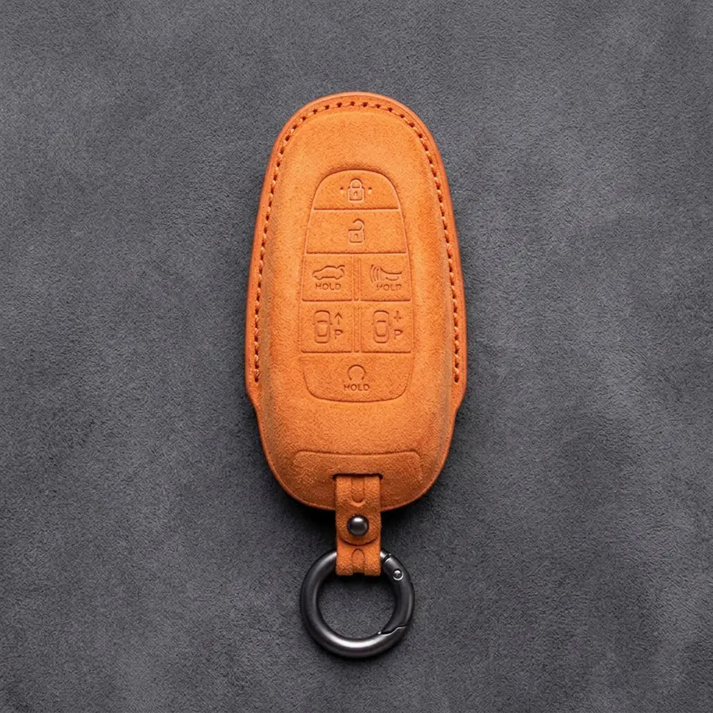 Genesis Hand-Stitched Alcantara Key Fob Cover – 7-Button Smart Park - Orange