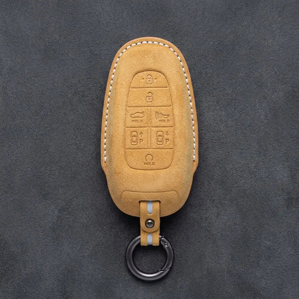 Genesis Hand-Stitched Alcantara Key Fob Cover – 7-Button Smart Park - Soft Brown