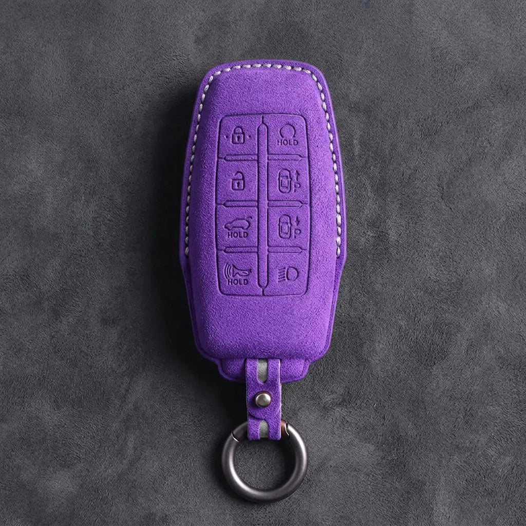 Genesis Hand-Stitched Alcantara Key Fob Cover – 8-Button Smart Park - Dark Purple
