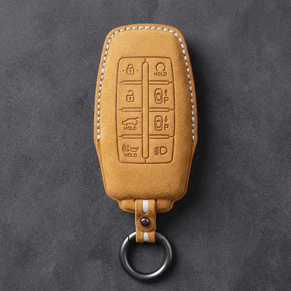 Genesis Hand-Stitched Alcantara Key Fob Cover – 8-Button Smart Park - Soft Brown