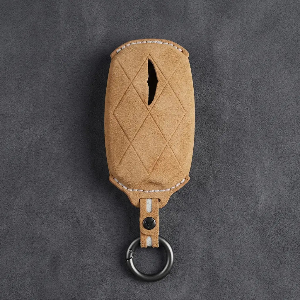 Genesis Hand-Stitched Alcantara Key Fob Cover – Diamond Quilted - Soft Brown