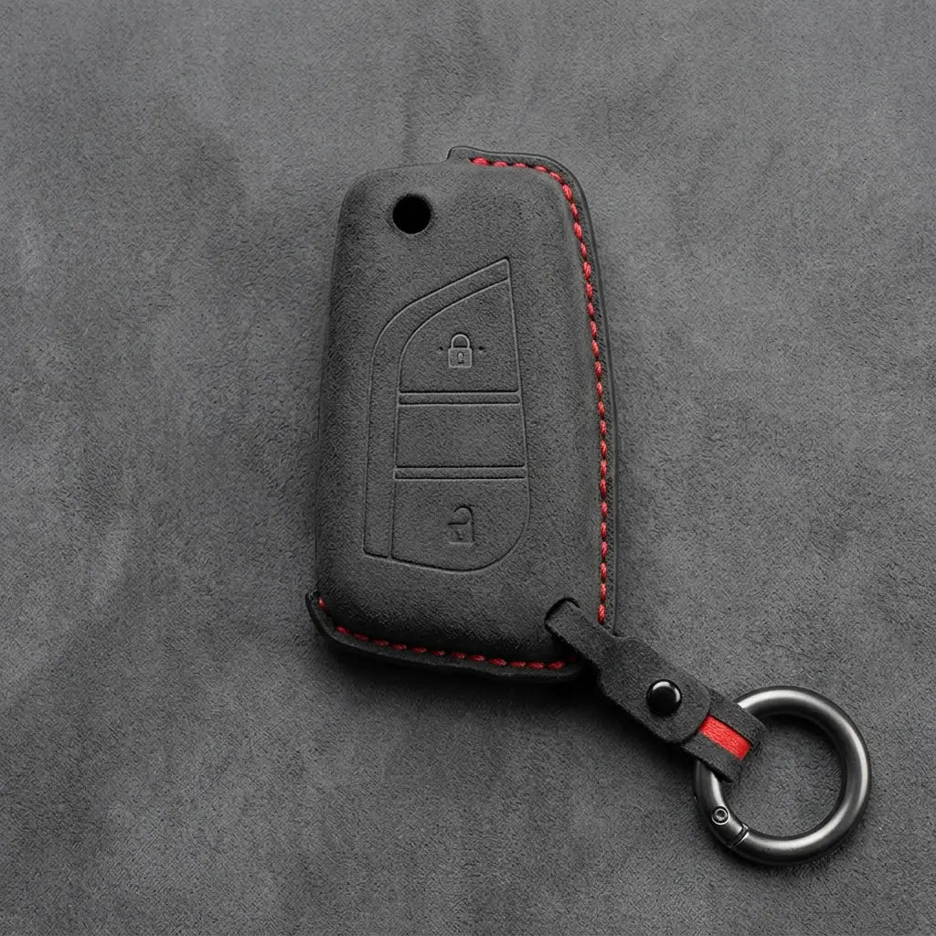 Hand-Stitched Alcantara Key Fob Cover for Toyota – Geometric Flip Key 2-Button in dark charcoal