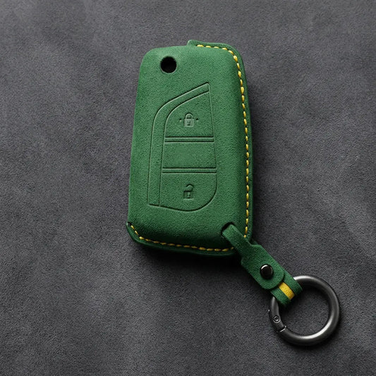 Hand-Stitched Alcantara Key Fob Cover for Toyota – Geometric Flip Key 2-Button in grass green
