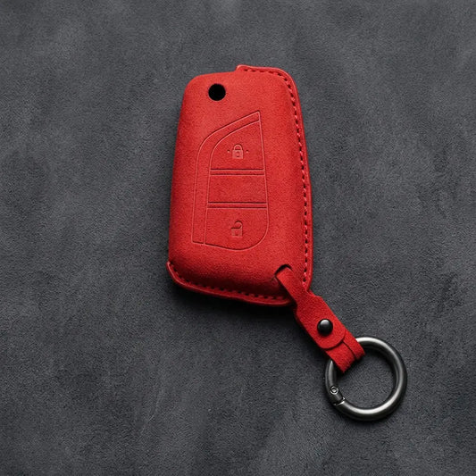 Hand-Stitched Alcantara Key Fob Cover for Toyota – Geometric Flip Key 2-Button in red
