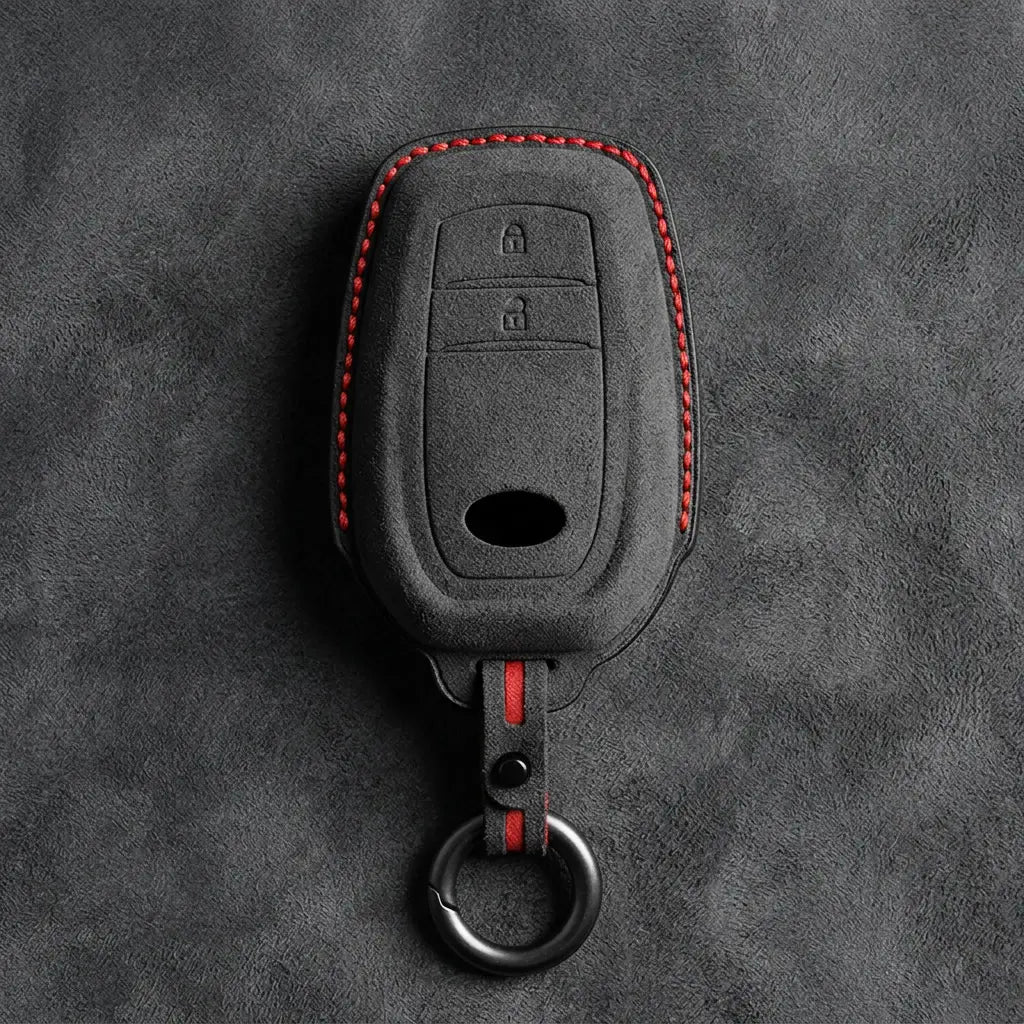 Schlüsselhülle aus handgenähtem Alcantara für Toyota – Wedge 2-Tasten in Dunkelanthrazit