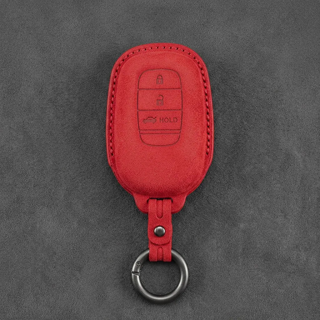 Honda Hand-Stitched Alcantara Key Fob Cover - Smart Key 3-Button Trunk Release - Red