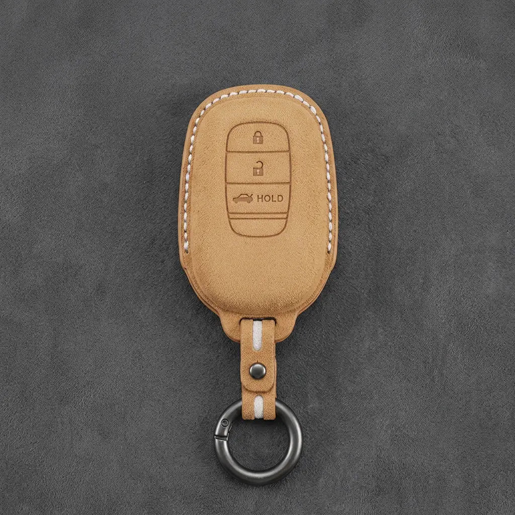 Honda Hand-Stitched Alcantara Key Fob Cover - Smart Key 3-Button Trunk Release - Soft Brown