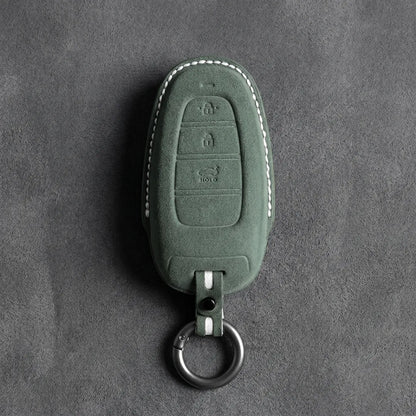 Hyundai Hand-Stitched Alcantara Key Fob Cover – Oval 3-Button Smart Key Dark Green