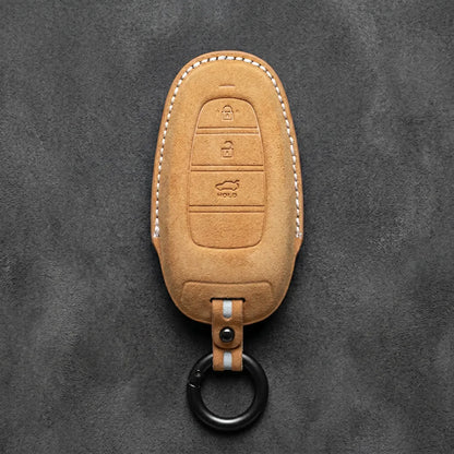 Hyundai Hand-Stitched Alcantara Key Fob Cover – Oval 3-Button Smart Key Soft Brown