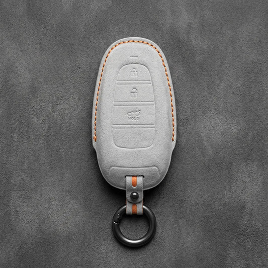 Hyundai Hand-Stitched Alcantara Key Fob Cover – Oval 3-Button Smart Key White