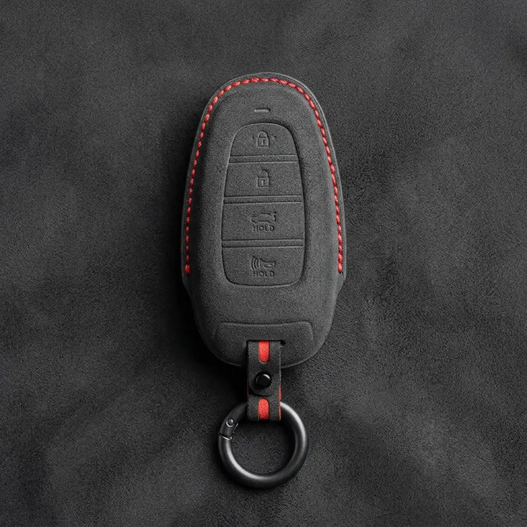 Hyundai Hand-Stitched Alcantara Key Fob Cover – Oval 4-Button Smart Key Dark Charcoal