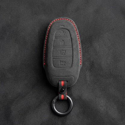 Hyundai Hand-Stitched Alcantara Key Fob Cover – Oval 4-Button Smart Key Dark Charcoal