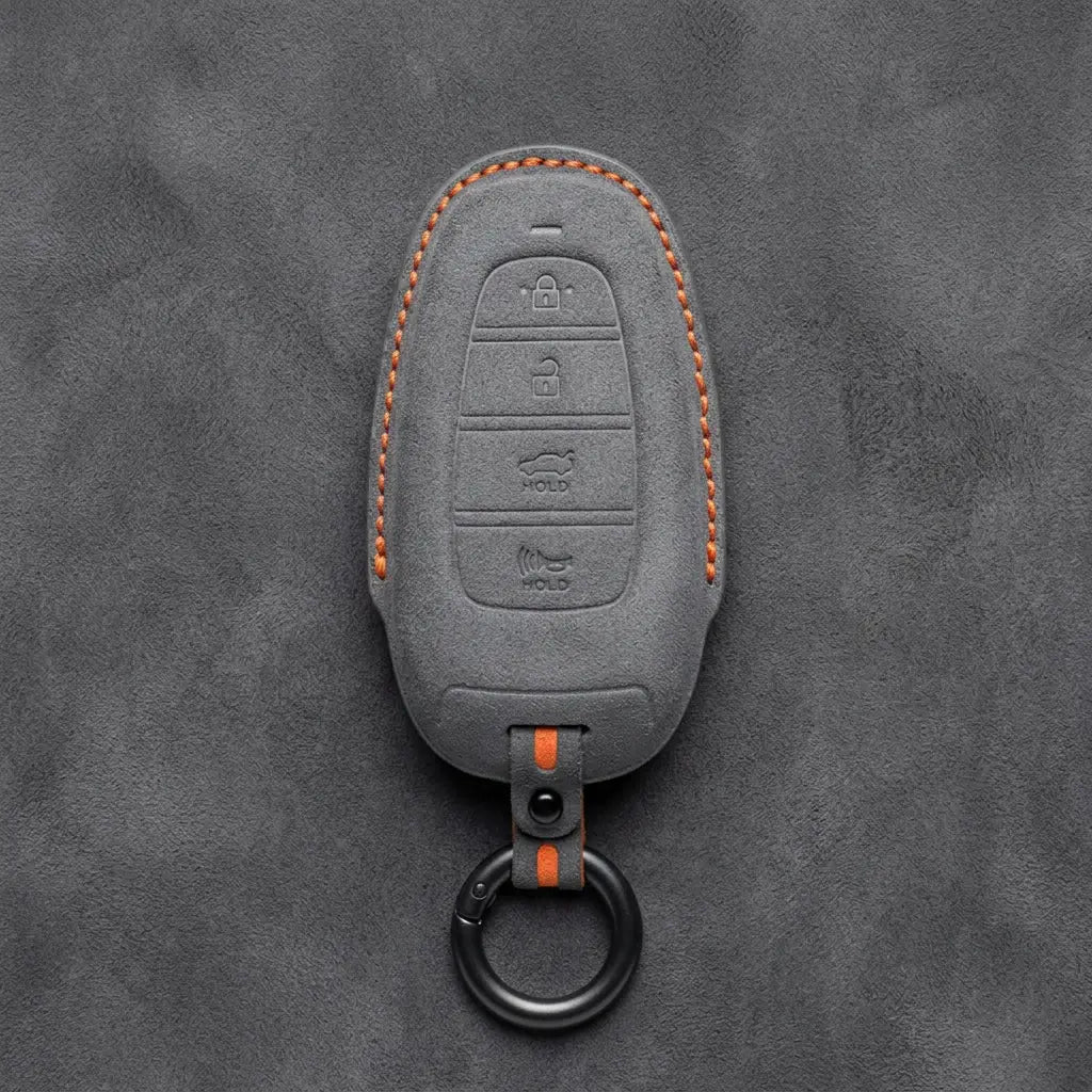 Hyundai Hand-Stitched Alcantara Key Fob Cover – Oval 4-Button Smart Key Dark Gray