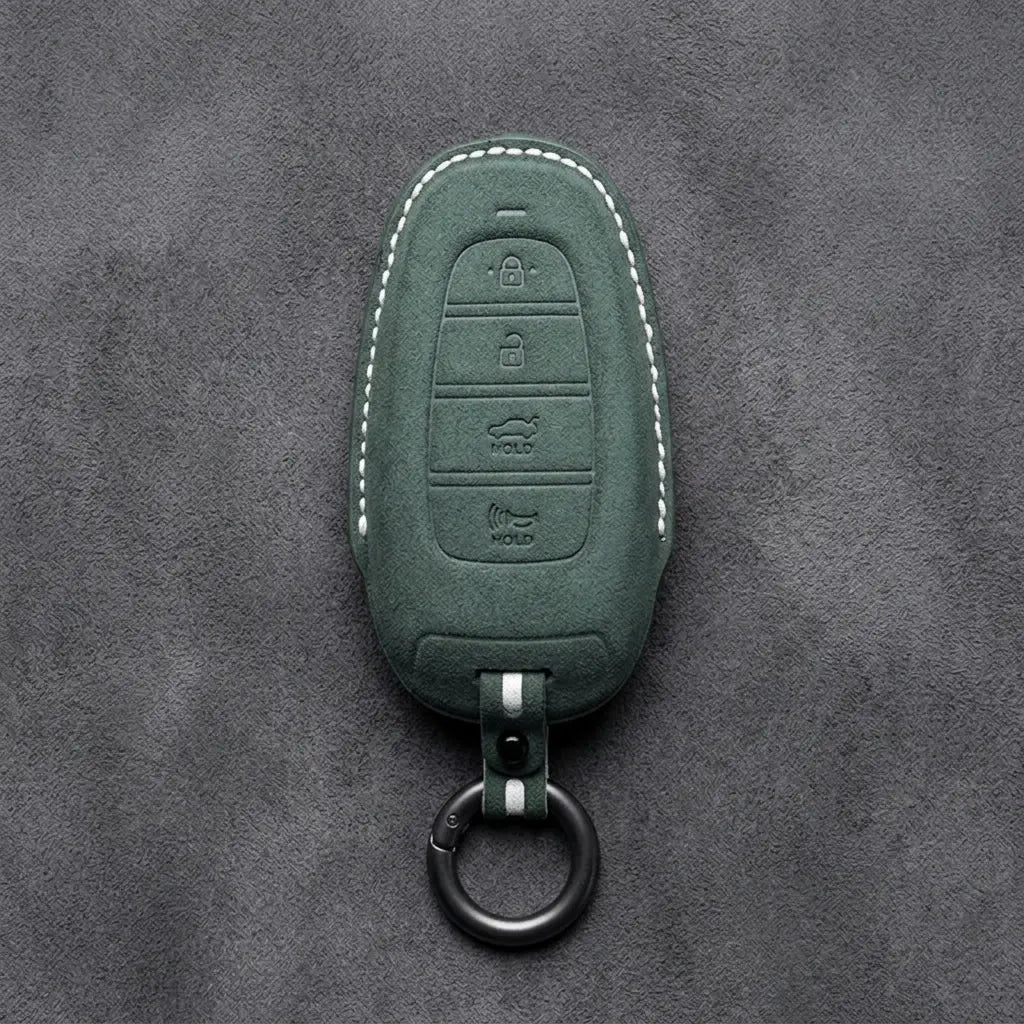 Hyundai Hand-Stitched Alcantara Key Fob Cover – Oval 4-Button Smart Key Dark Green