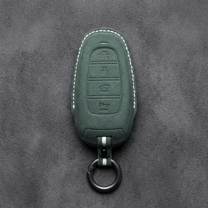 Hyundai Hand-Stitched Alcantara Key Fob Cover – Oval 4-Button Smart Key Dark Green
