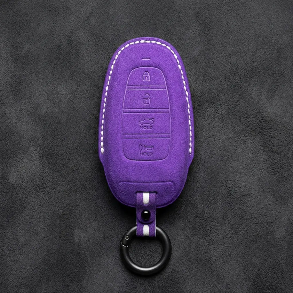 Hyundai Hand-Stitched Alcantara Key Fob Cover – Oval 4-Button Smart Key Dark Purple