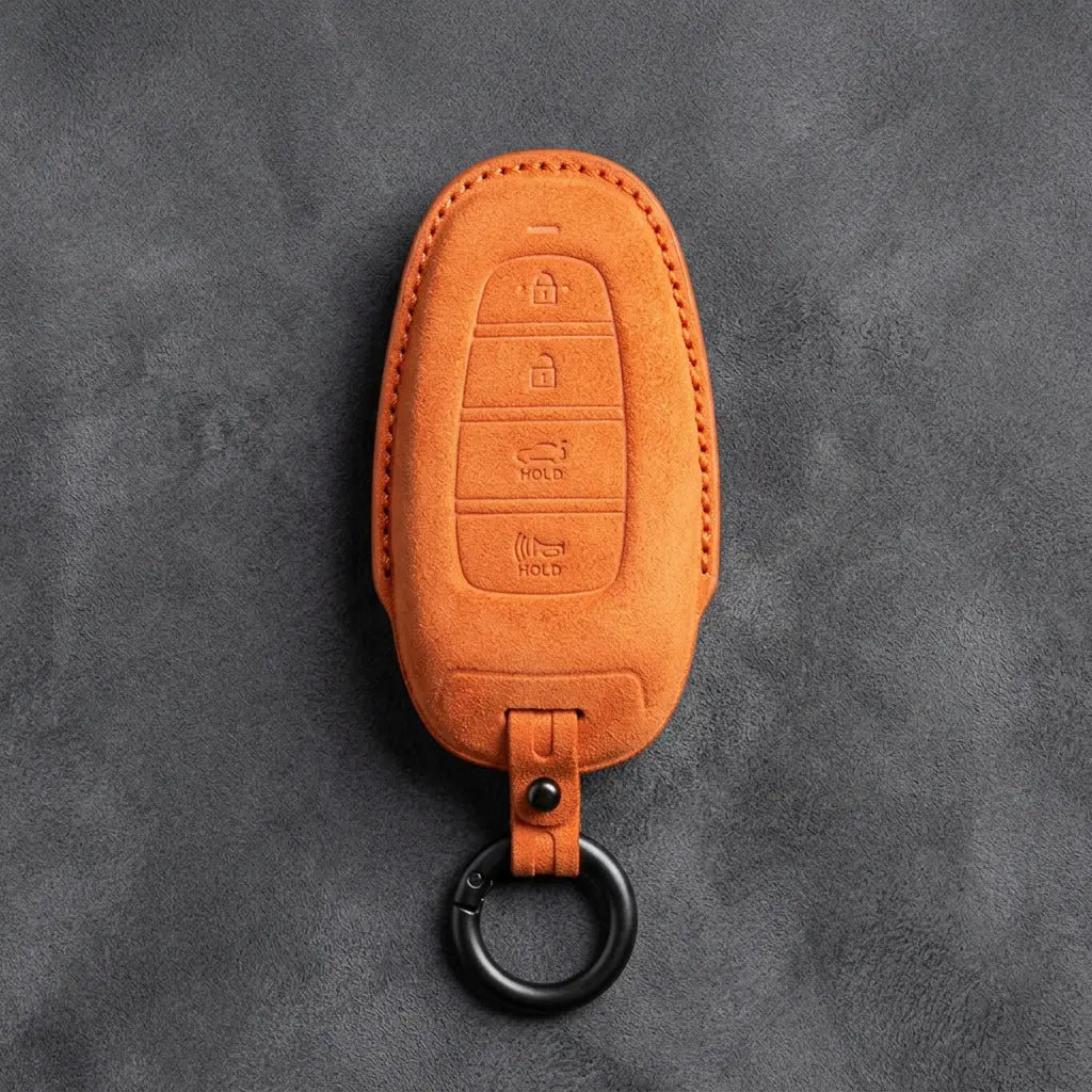 Hyundai Hand-Stitched Alcantara Key Fob Cover – Oval 4-Button Smart Key Orange